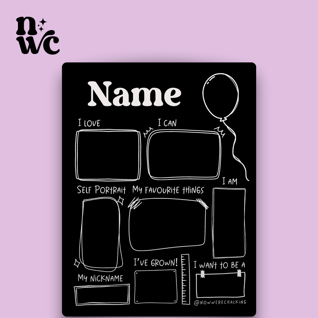 Personalised birthday chalkboard with sections such as 'I love', 'I want to be a' to be filled in and photographed as a milestone memory.